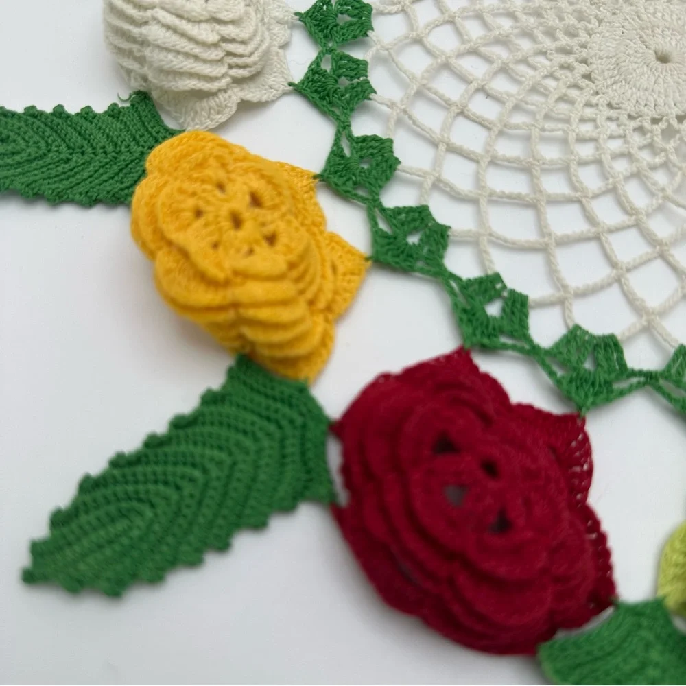 Vintage Hand-Crocheted Doily with 3D Floral Edging – 15